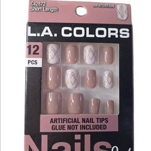 L.A. Colors Nails On! Dusty Roe Pink Gold Solid Plaid Short Square False Nails
